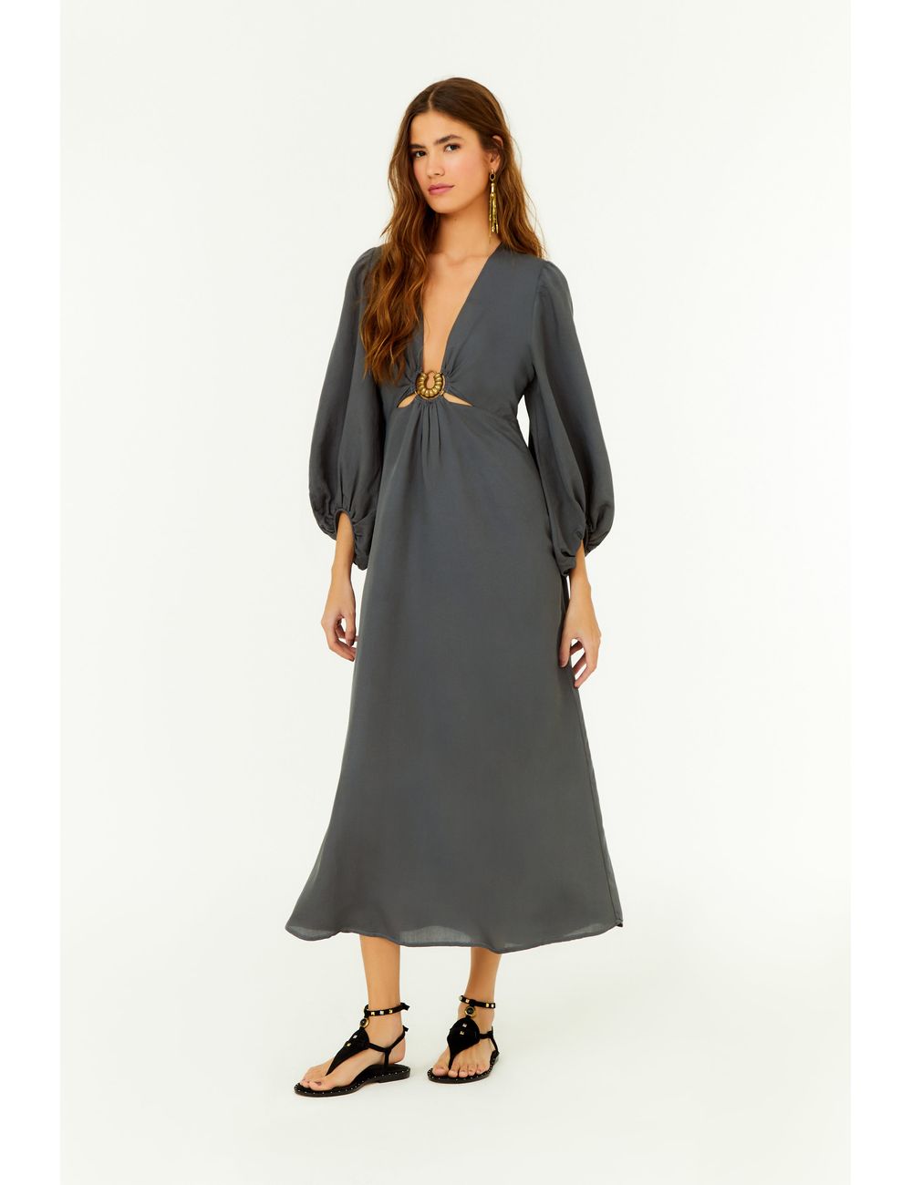 Vestido Midi Fivela Decote