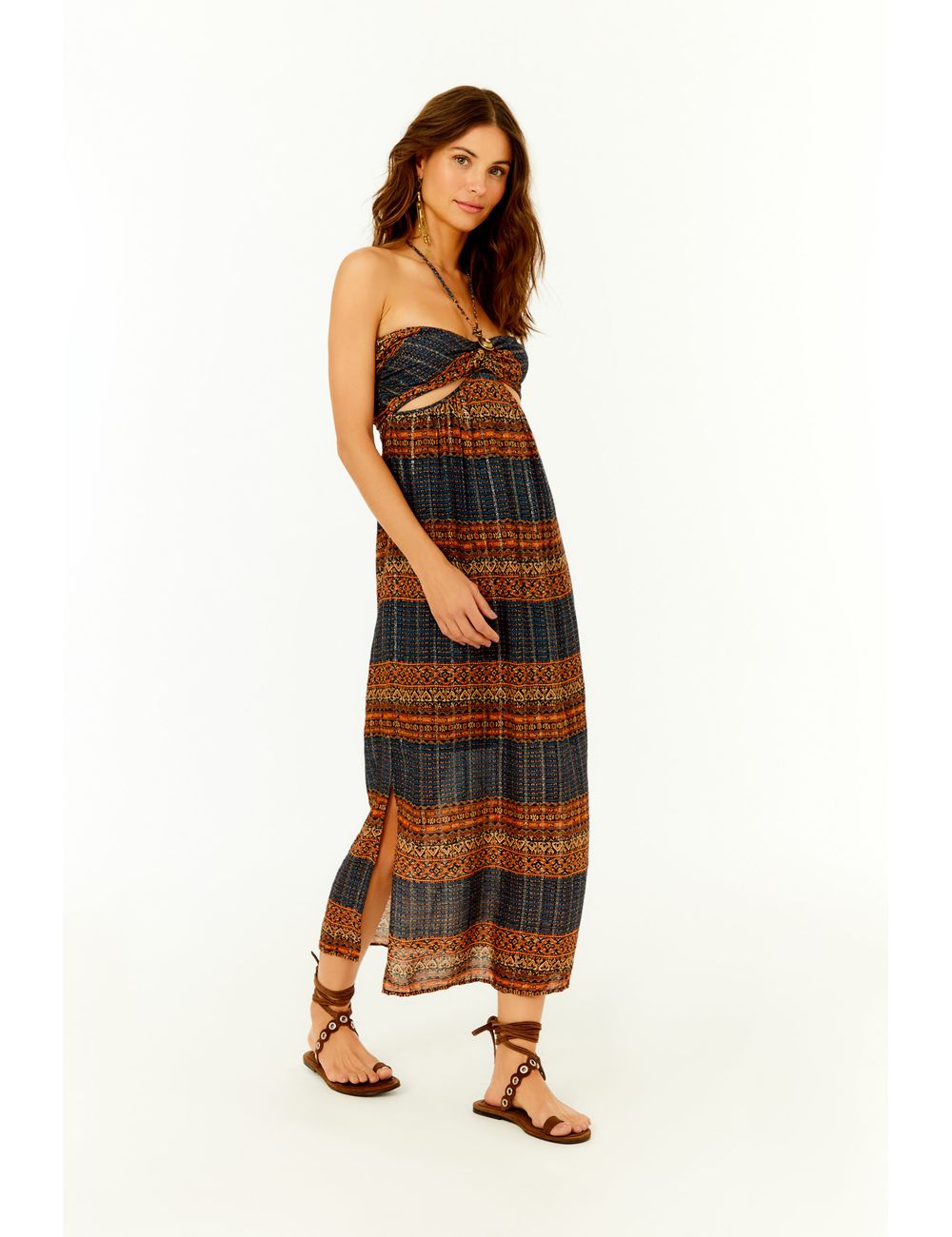 Vestido Midi Decote Metais Estampa Zay