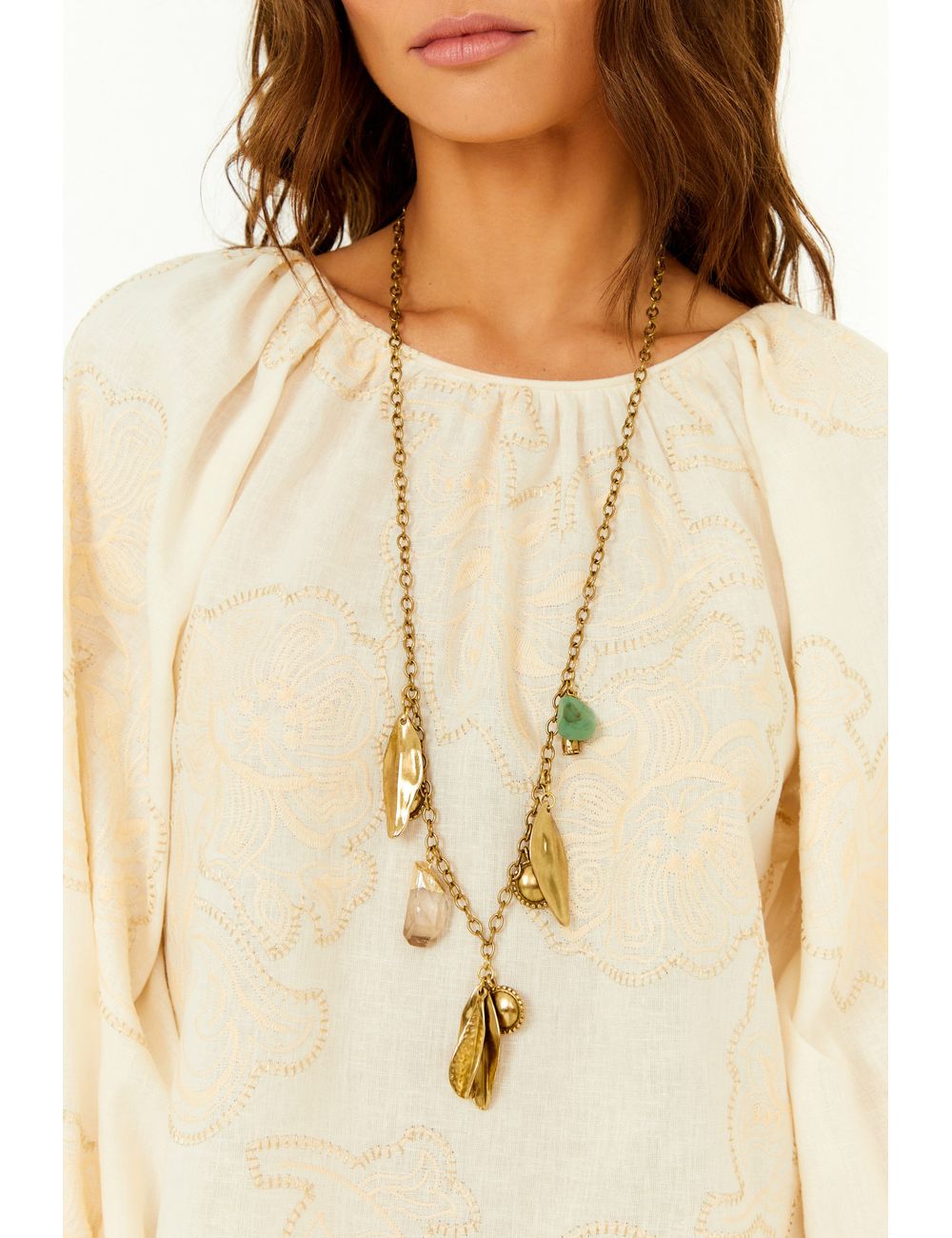 Colar De Folhas Com Pedras - Ouro Velho / U