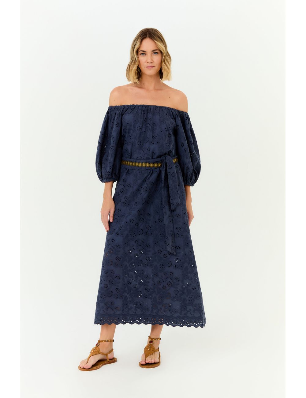 Vestido Midi Ombro a Ombro Bordado Li