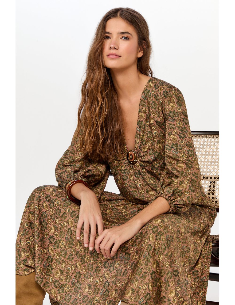 Vestido Midi Manga Estampa Peony