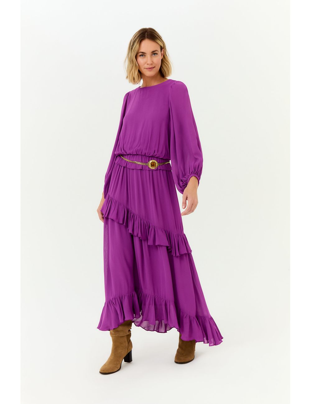 Vestido Midi Ggt Babados Assimetrico