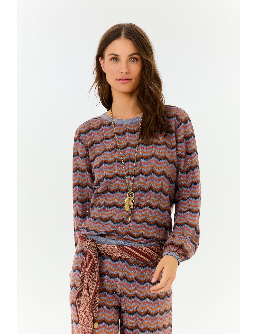 Blusa Tricot Manga Longa Chevron