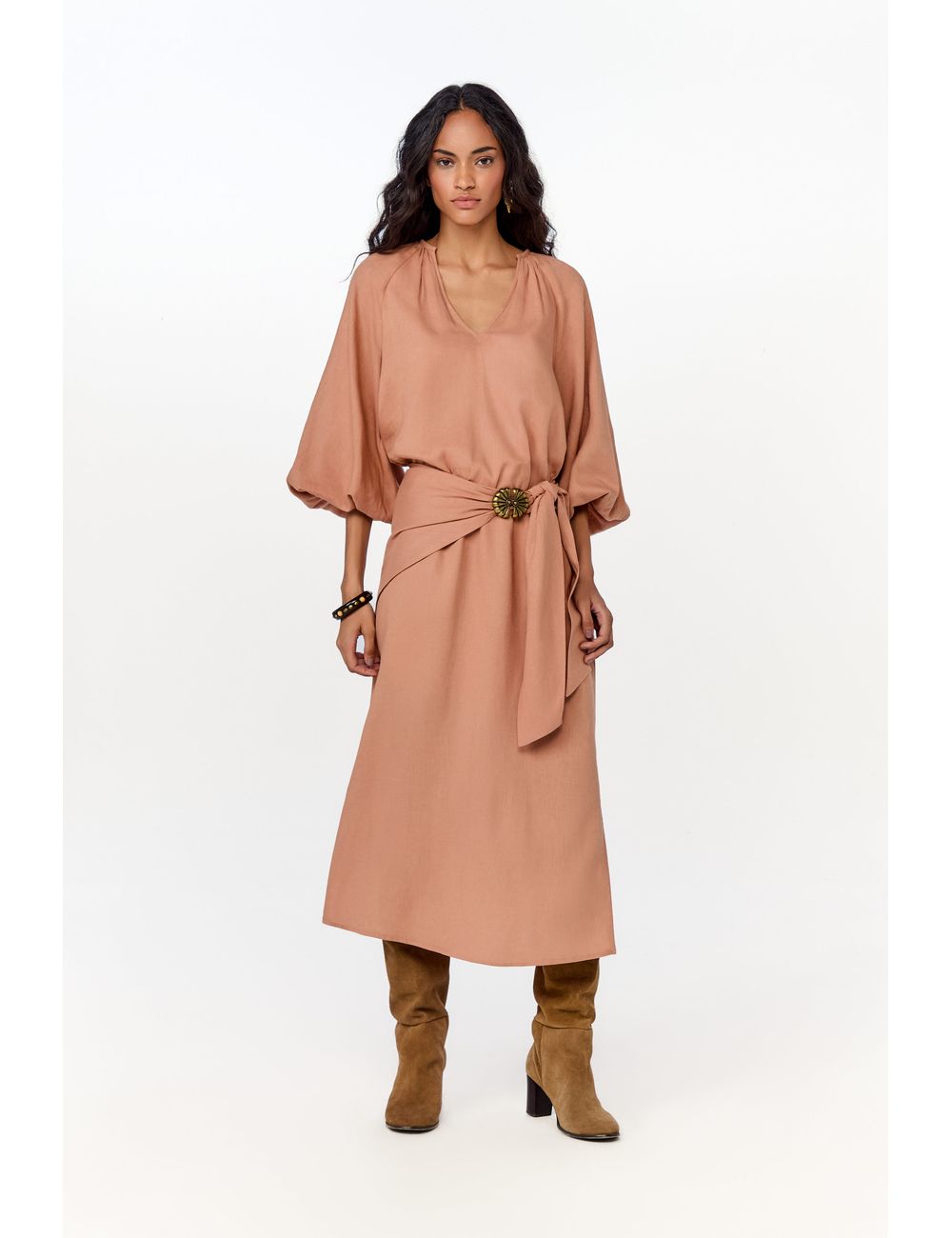 Vestido Midi Manga Bufante Lenço