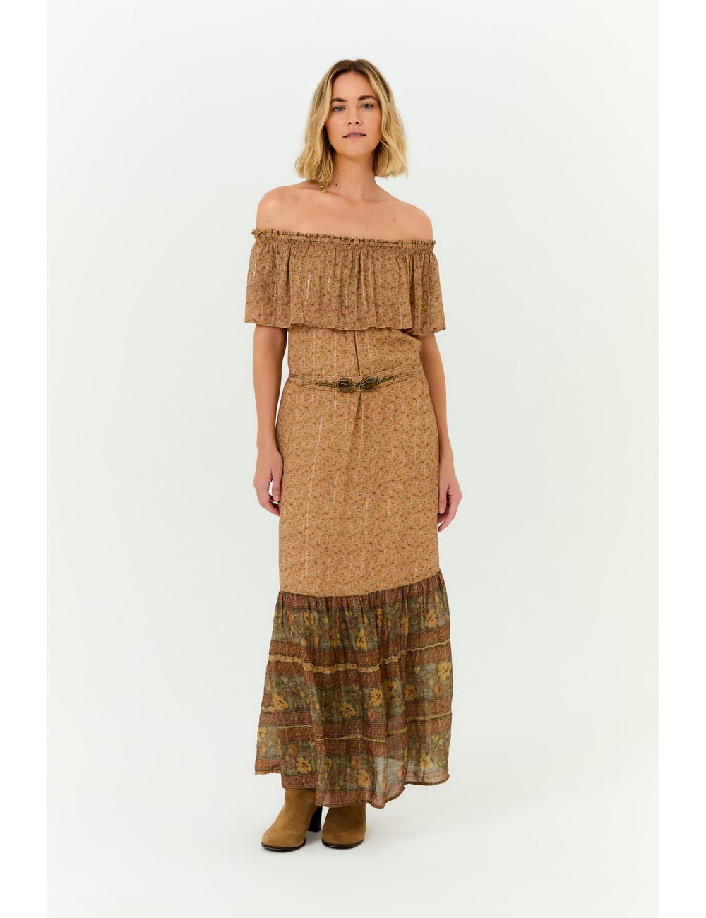 Vestido Longo Cinto Mix Estampa Ipe