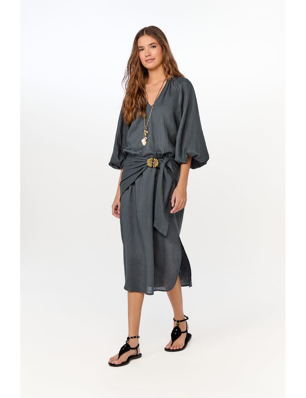 Vestido Midi Manga Bufante Lenço