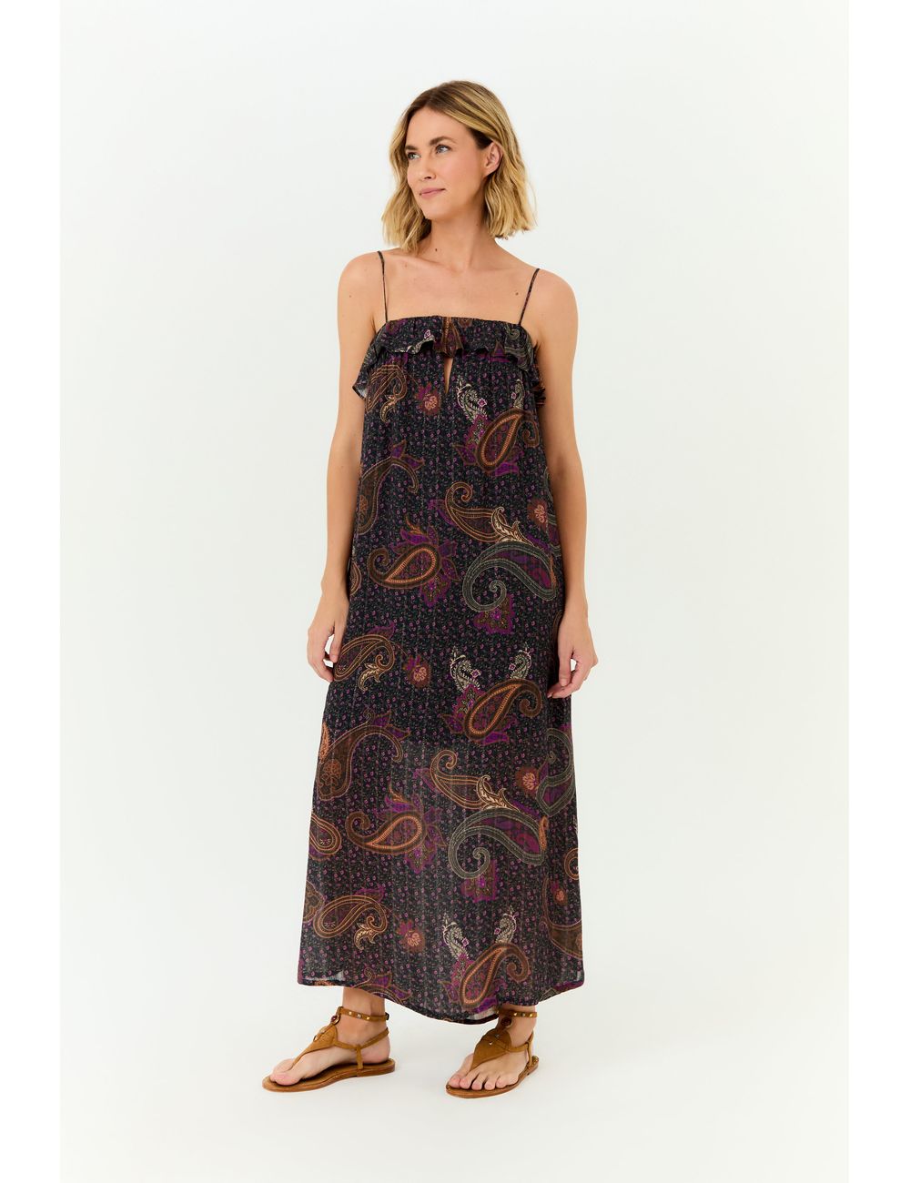 Vestido Babado Decote Estampa Pale