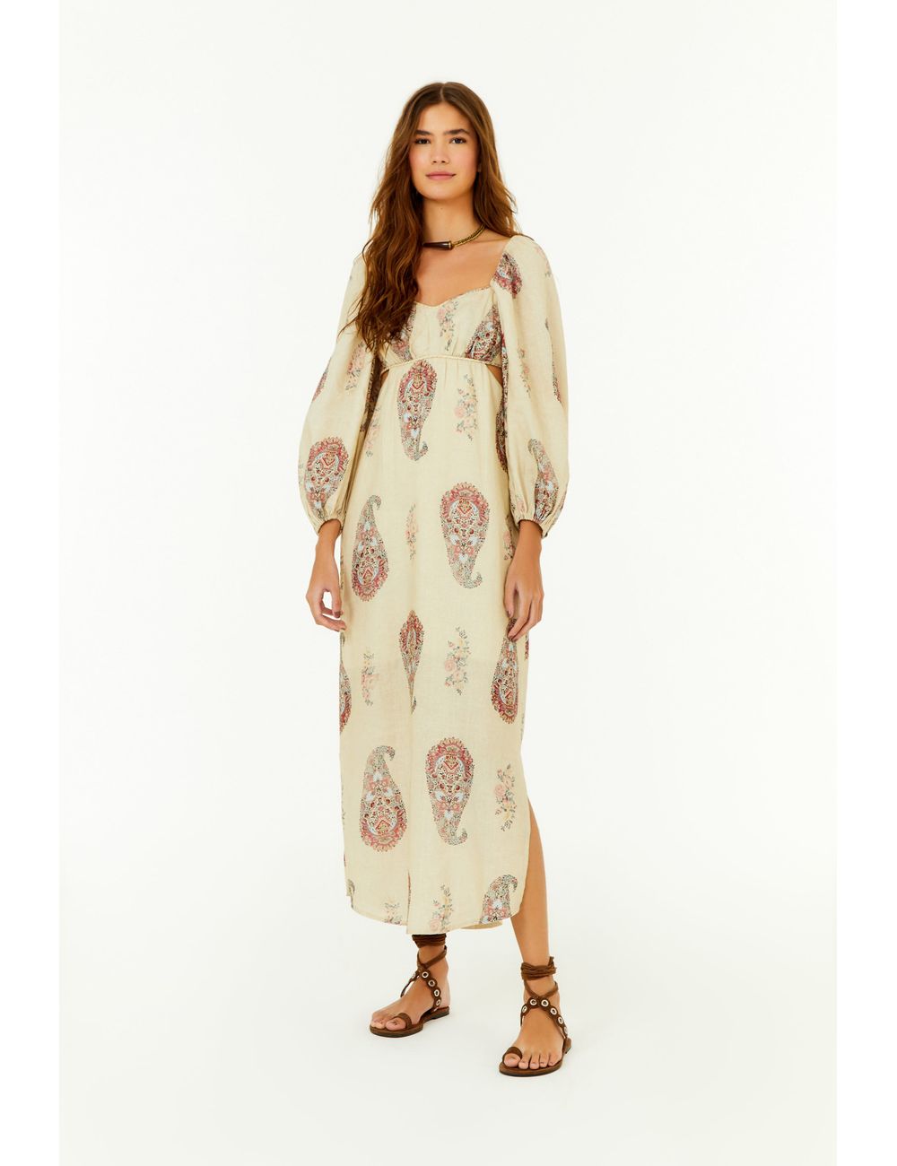 Vestido Midi Linho Estampa Flory