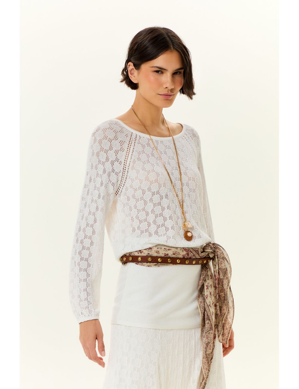 Blusa Tricot Rendada Manga Longa
