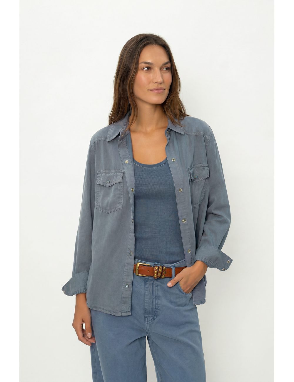 Camisa Sarja Stone Com Pala e Bolsos