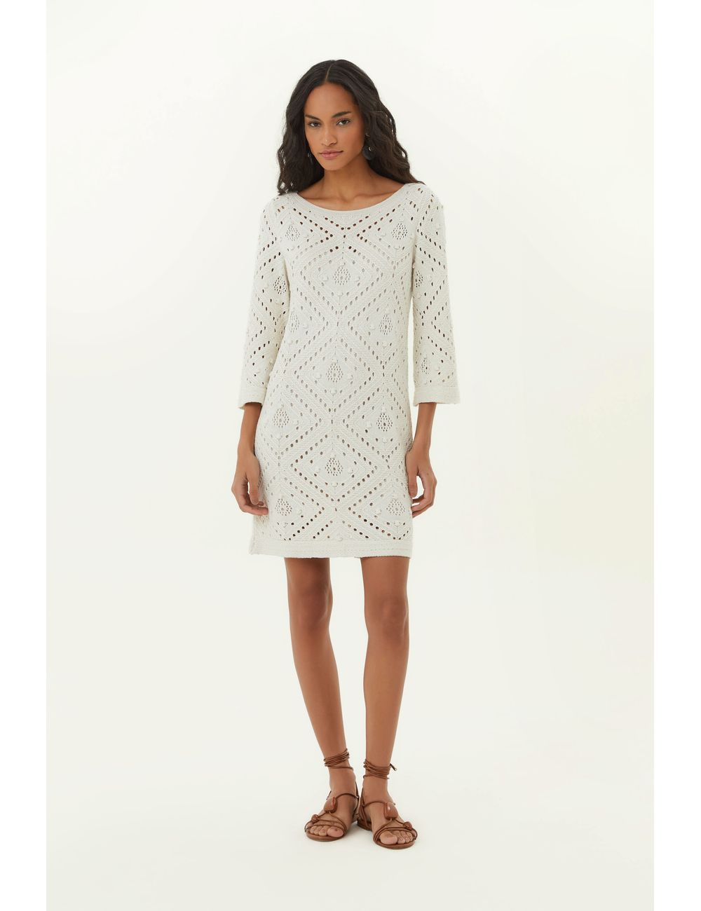 Vestido Curto Tricot Ponto Crochet
