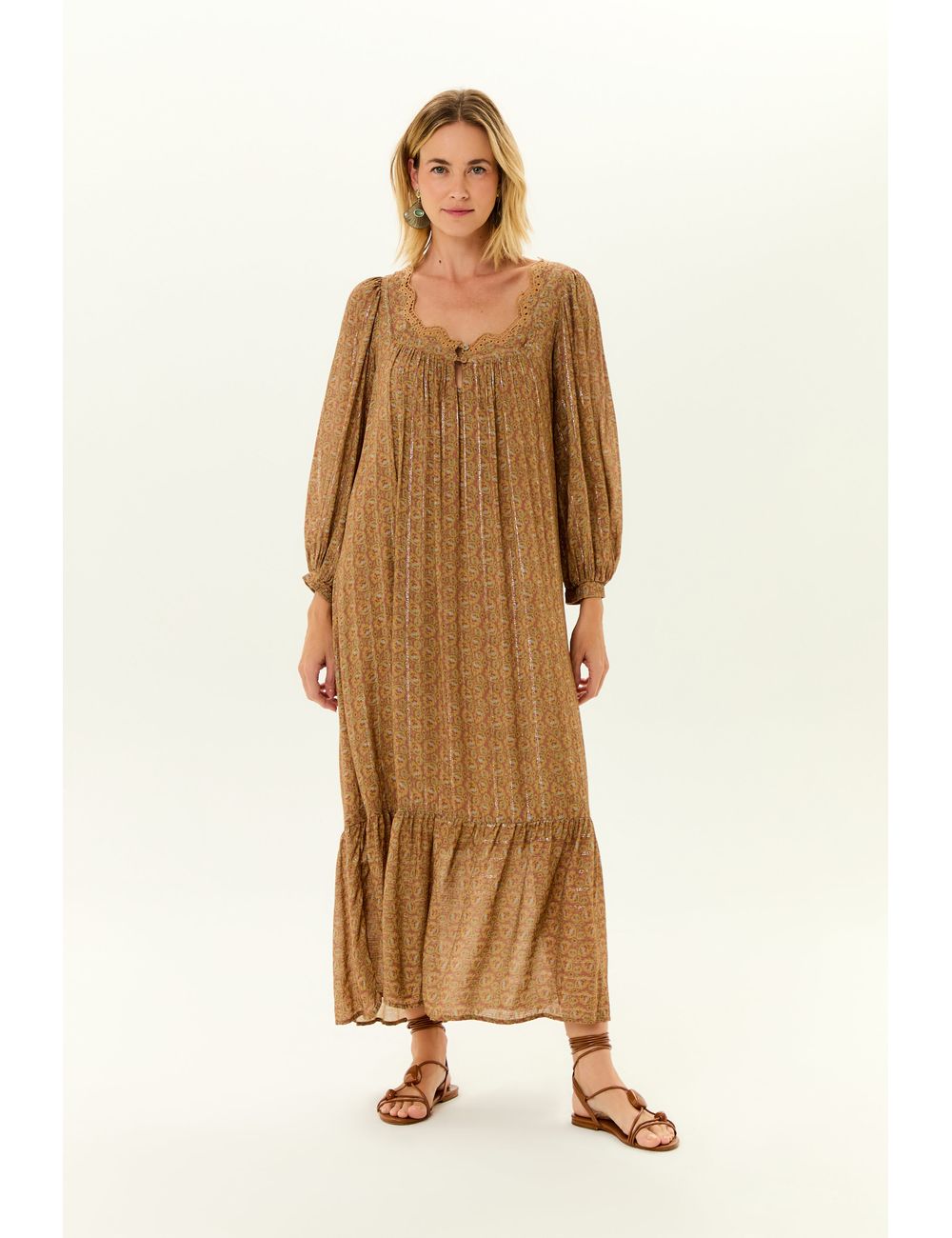 Vestido Decote Festone Estampa Leaf