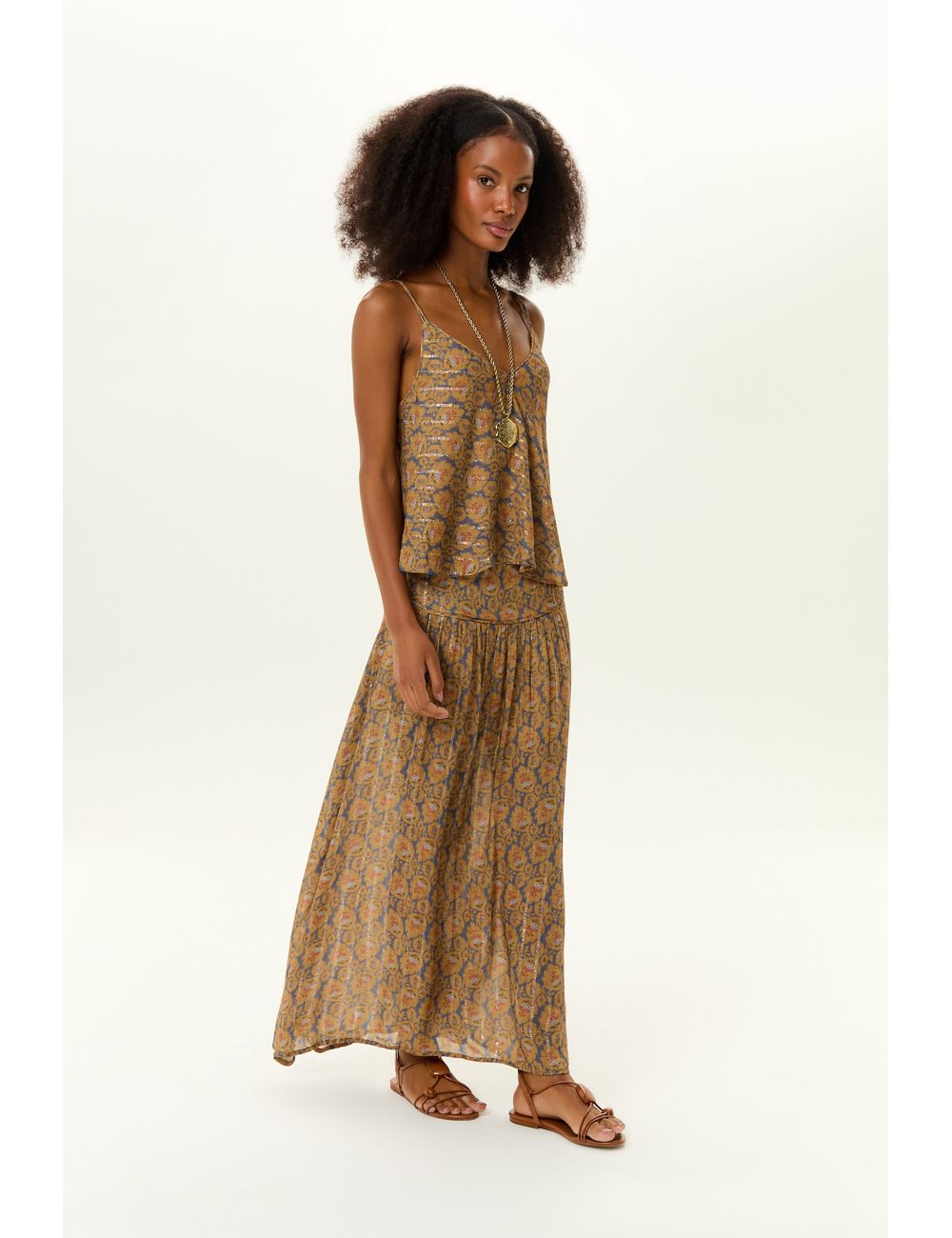 Saia Midi Estampa Leaf Denim