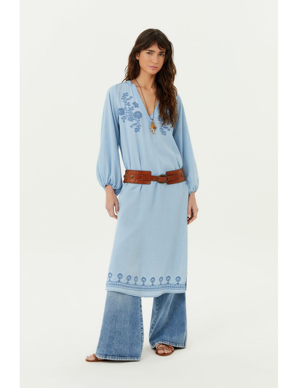 Vestido Jeans Midi Bordado Liz